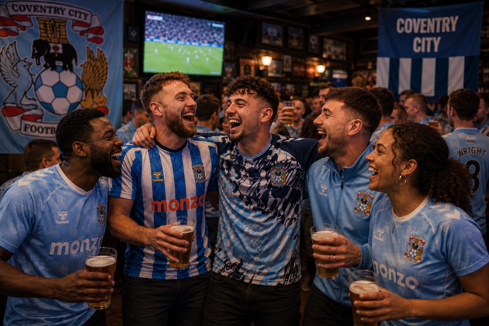 Coventry City fans celebrating together in a pub near the ground